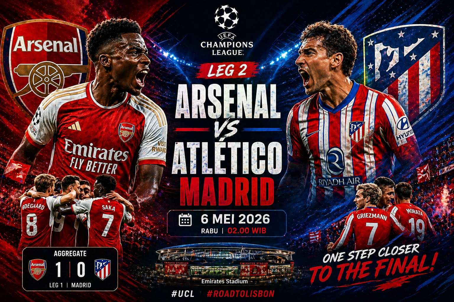 Prediksi Leg 2 Arsenal vs Atlético Madrid 6 Mei 2026