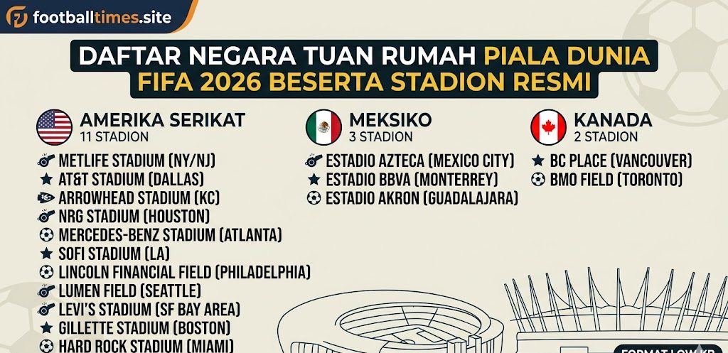 Daftar Negara Tuan Rumah Piala Dunia FIFA 2026 Beserta Stadion Resmi